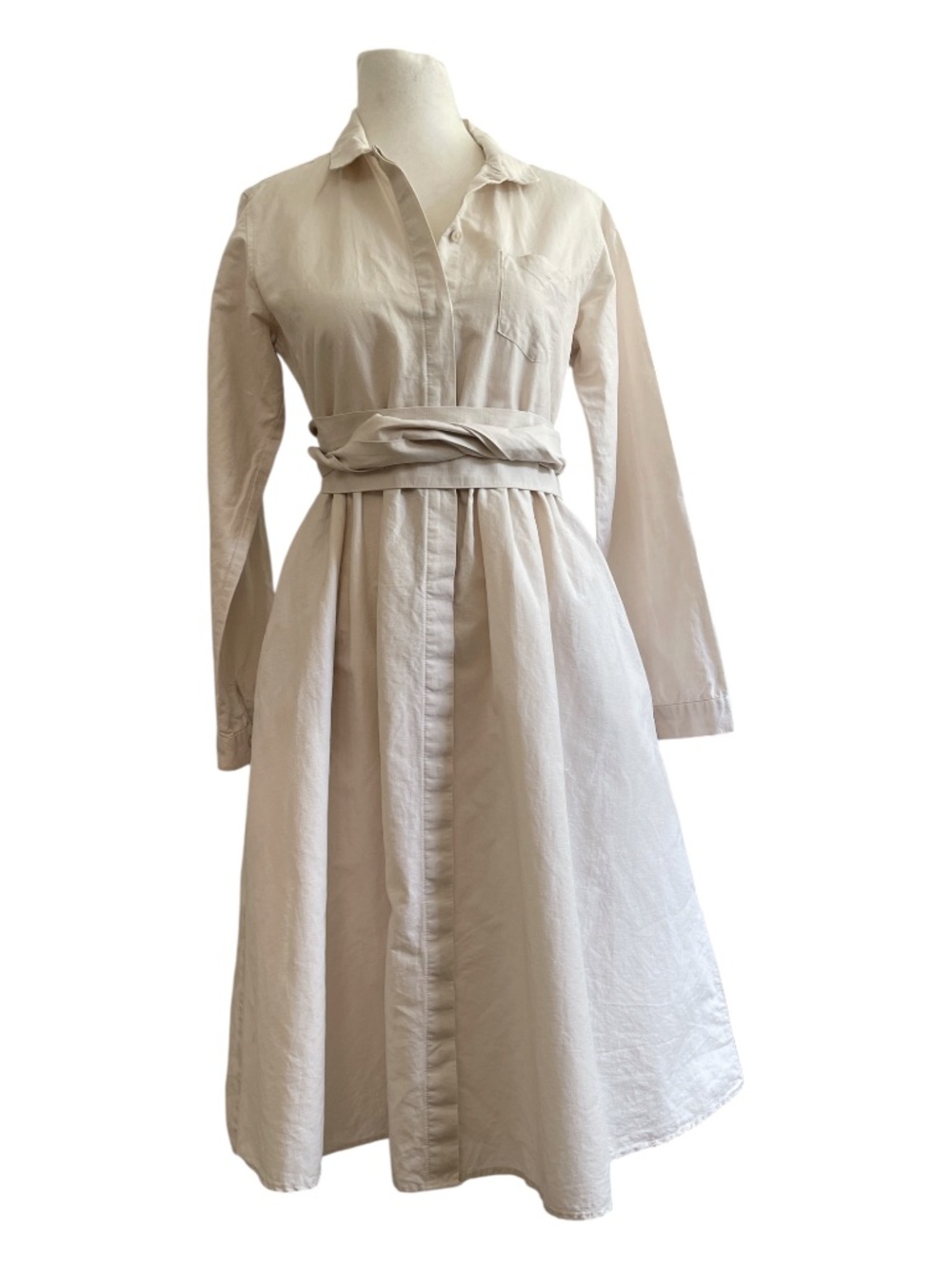 Japanese Quiet Luxury Linen Cotton Shirt Dress XS/S Minimalist Beige - Picture 3 of 7